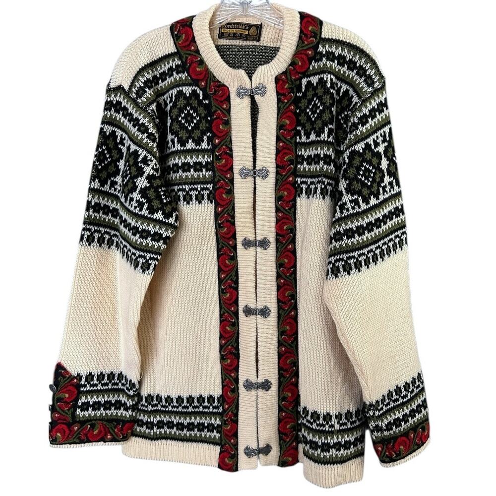 Handcrafted Cream and Black Nordic Cardigan Sweater with Red Trim